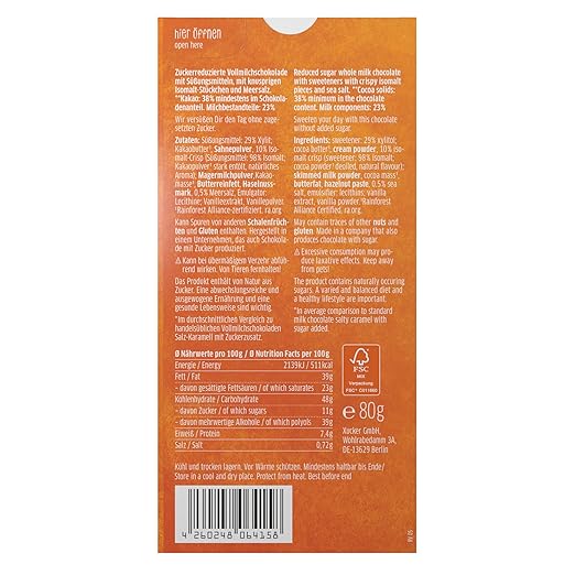 რძიანი შოკოლადი მარილიანი კარამელით, შაქრის შემცვლელით (Xylitol)